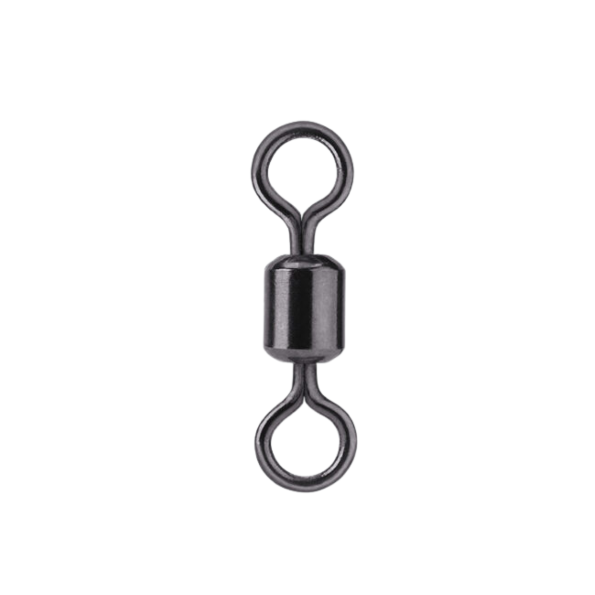 Black metal fishing swivel on a white background