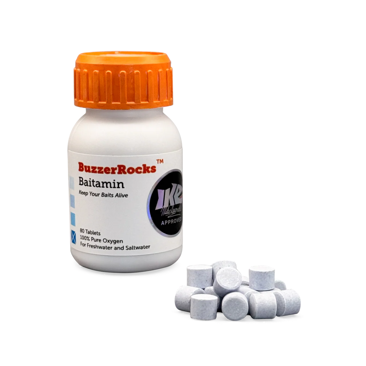 BuzzerRocks Baitamin bottle with orange cap and white tablets on a white background