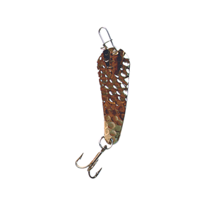 Fishing lure with a camouflage pattern on a white background