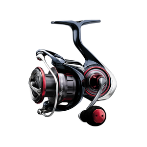Fishing reel with black and red design on a white background