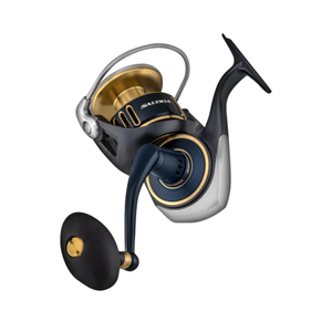 Fishing reel with black, gold, and silver design on a white background