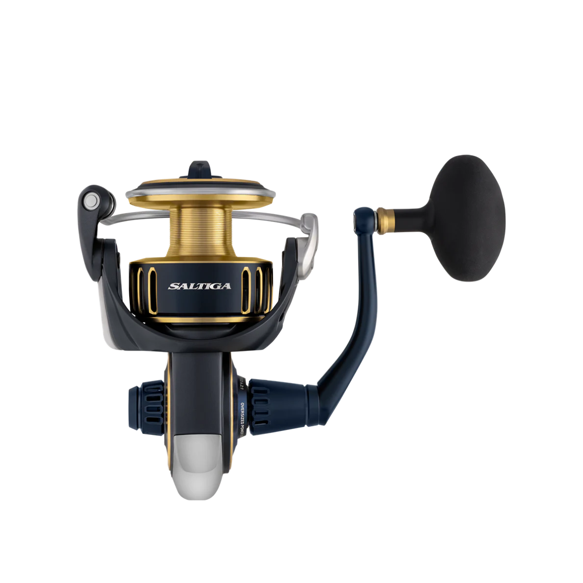 Fishing reel with 'Saltiga' branding on a white background