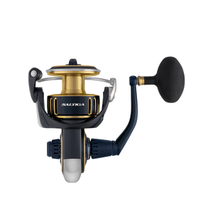 Fishing reel with 'Saltiga' branding on a white background