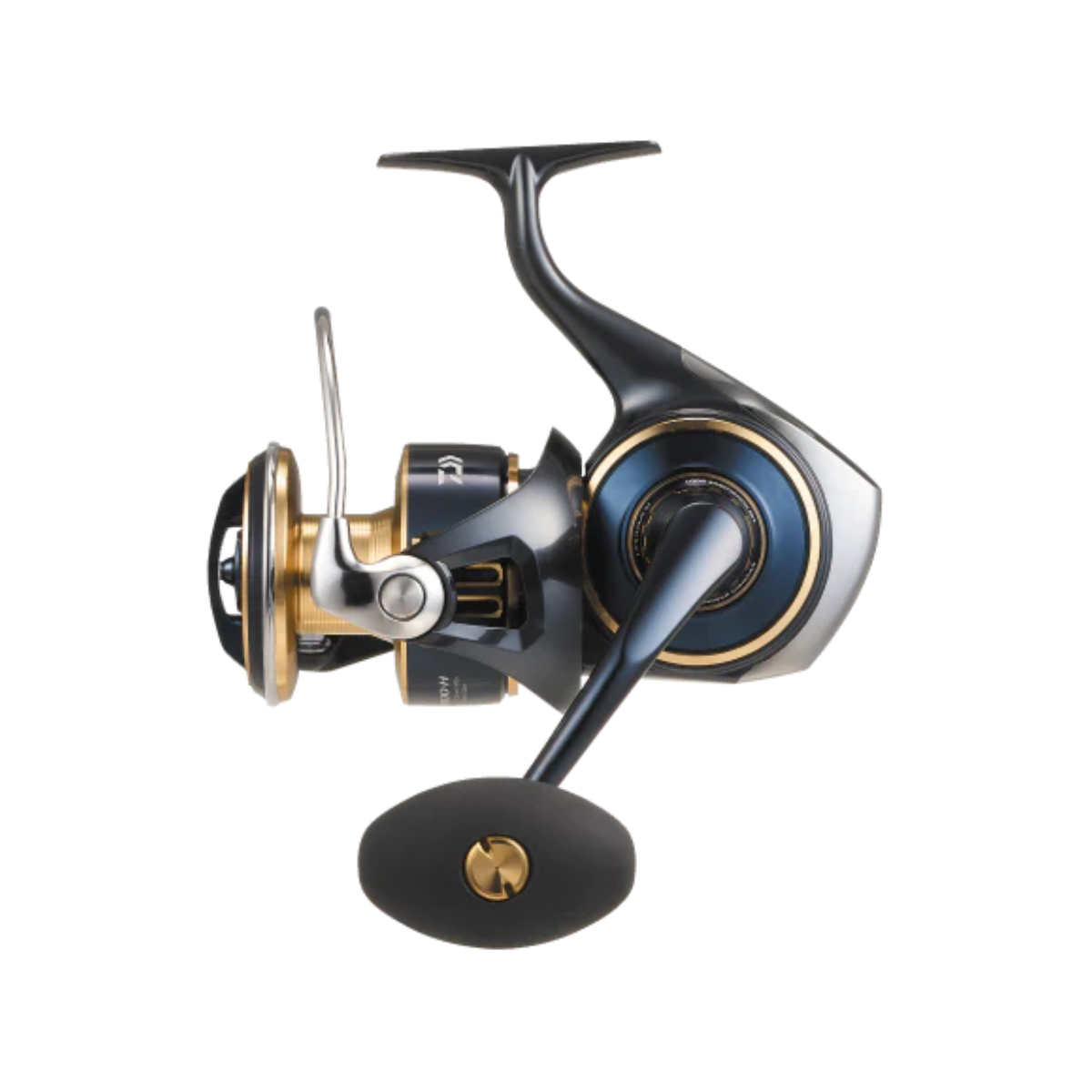 Fishing reel with metallic finish on a white background