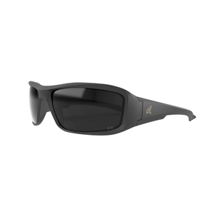 Black sunglasses with a logo on a white background