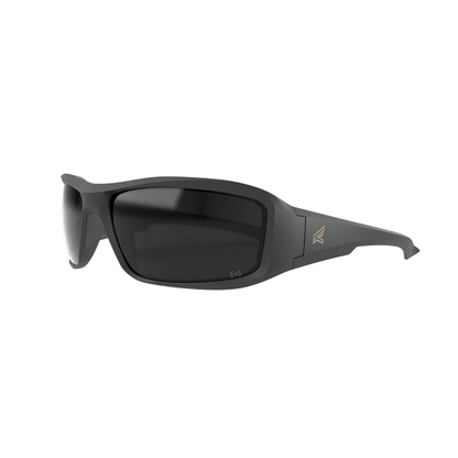 Black sunglasses with a logo on a white background