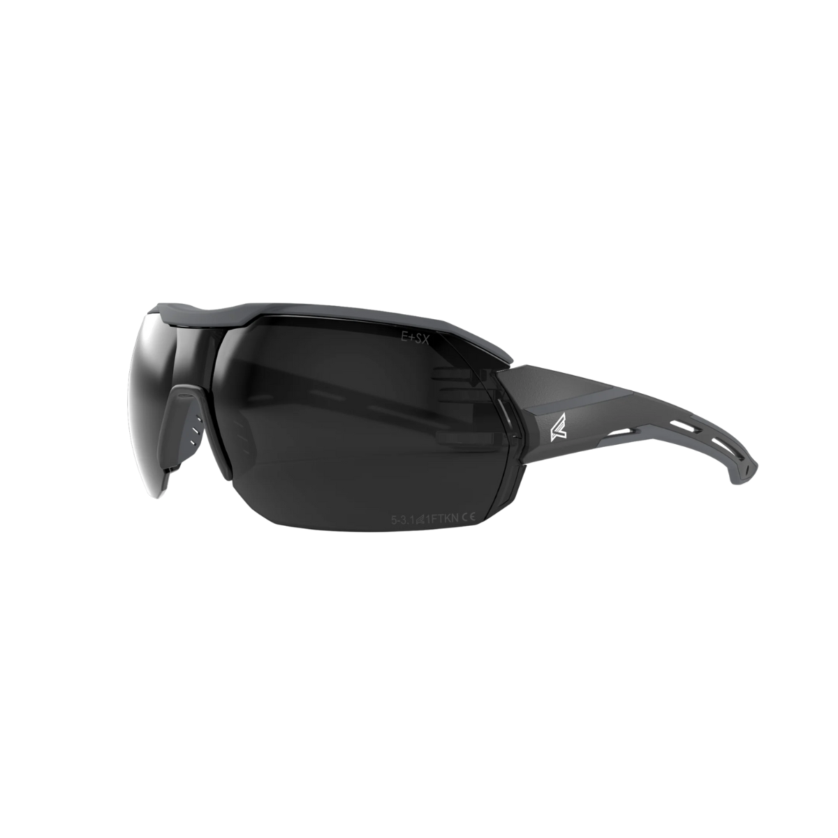 Black sunglasses with a brand logo on a white background