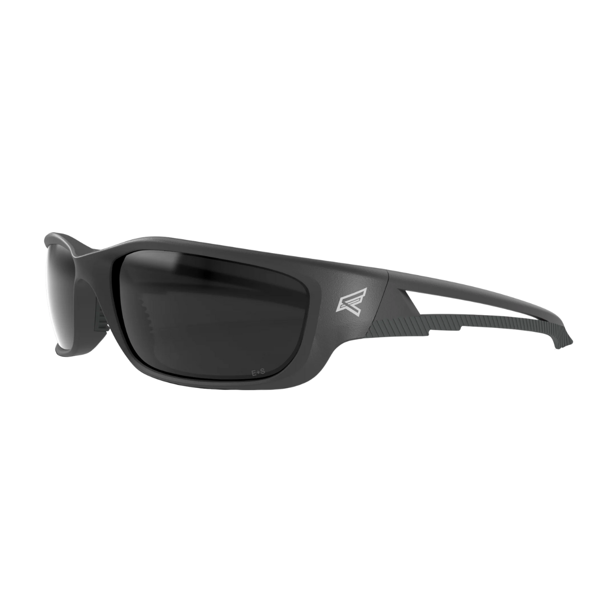 Black sunglasses with a brand logo on a white background