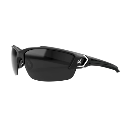 Black sunglasses with a brand logo on a white background