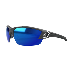 Sunglasses with blue lenses and black frame on a white background