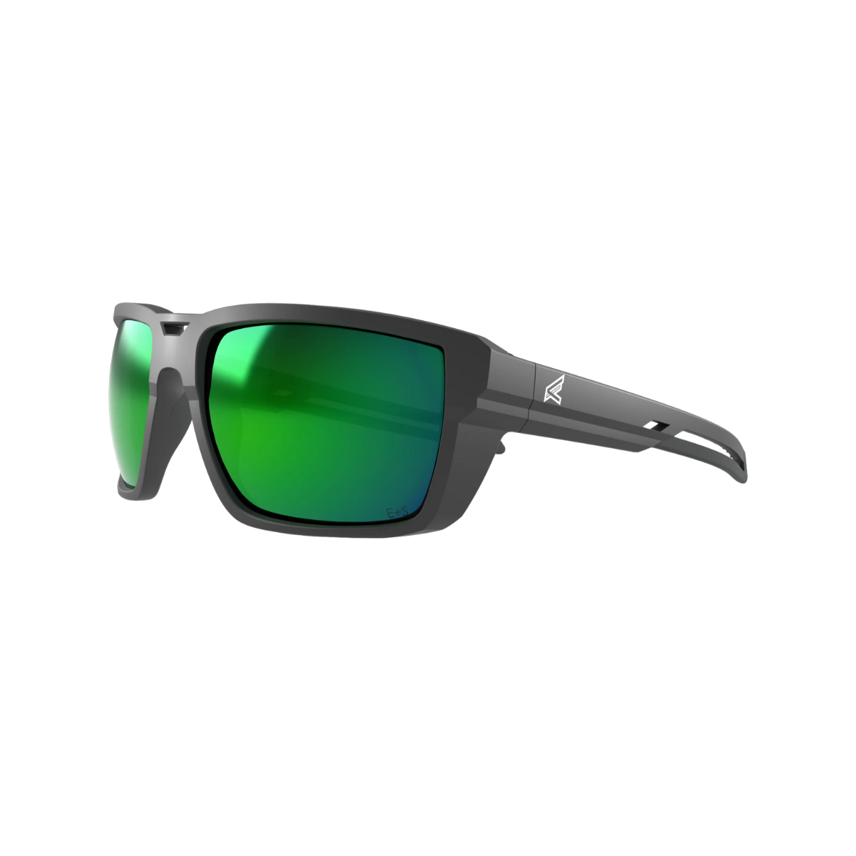 Sunglasses with green lenses and black frame on a white background