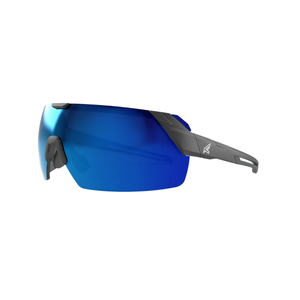 Sunglasses with blue lenses and black frames on a white background