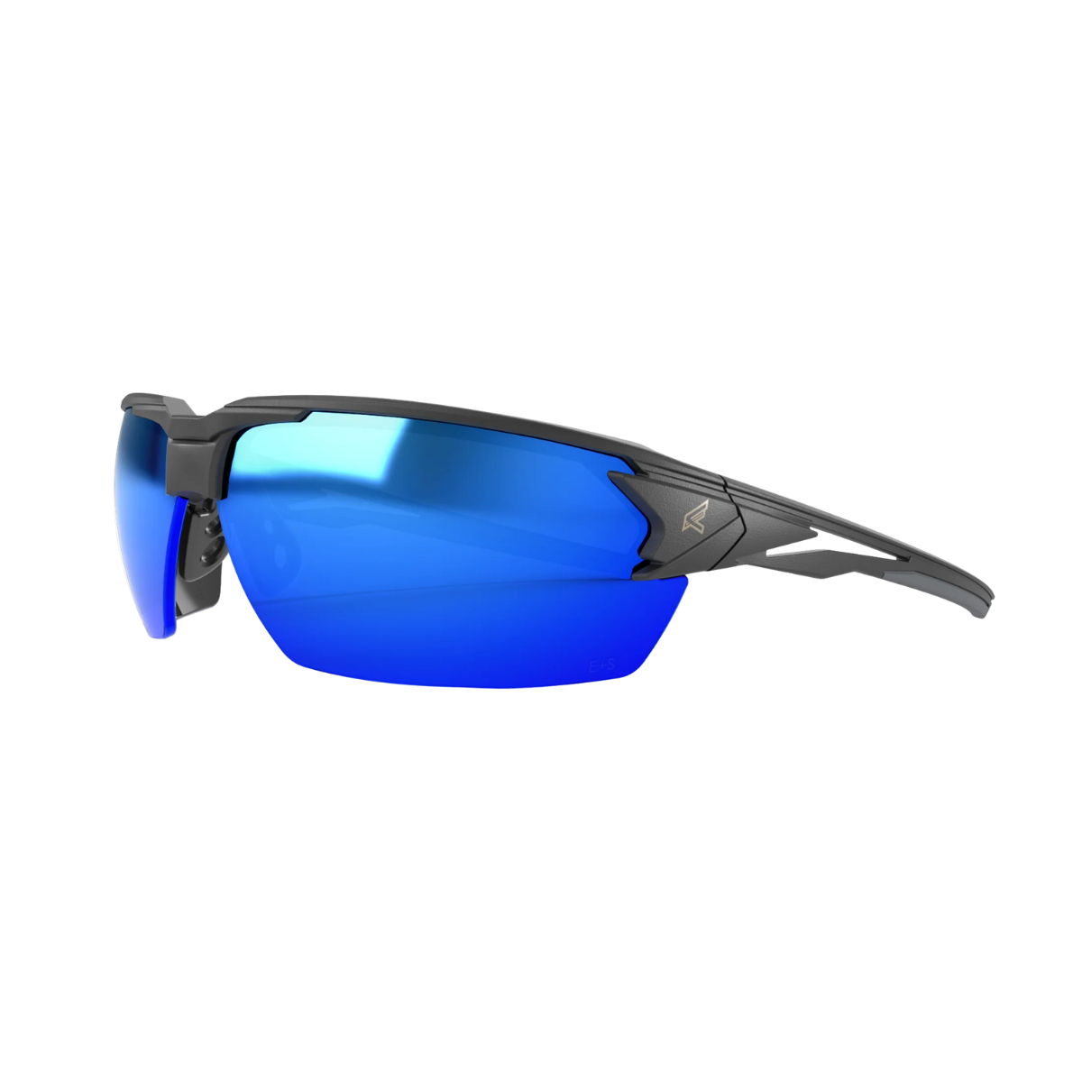 Sunglasses with blue lenses and black frame on a white background