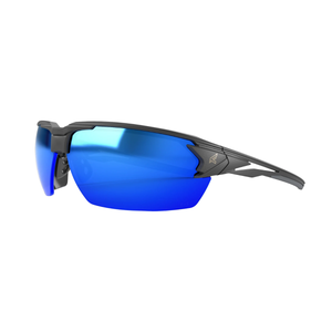 Sunglasses with blue lenses and black frame on a white background