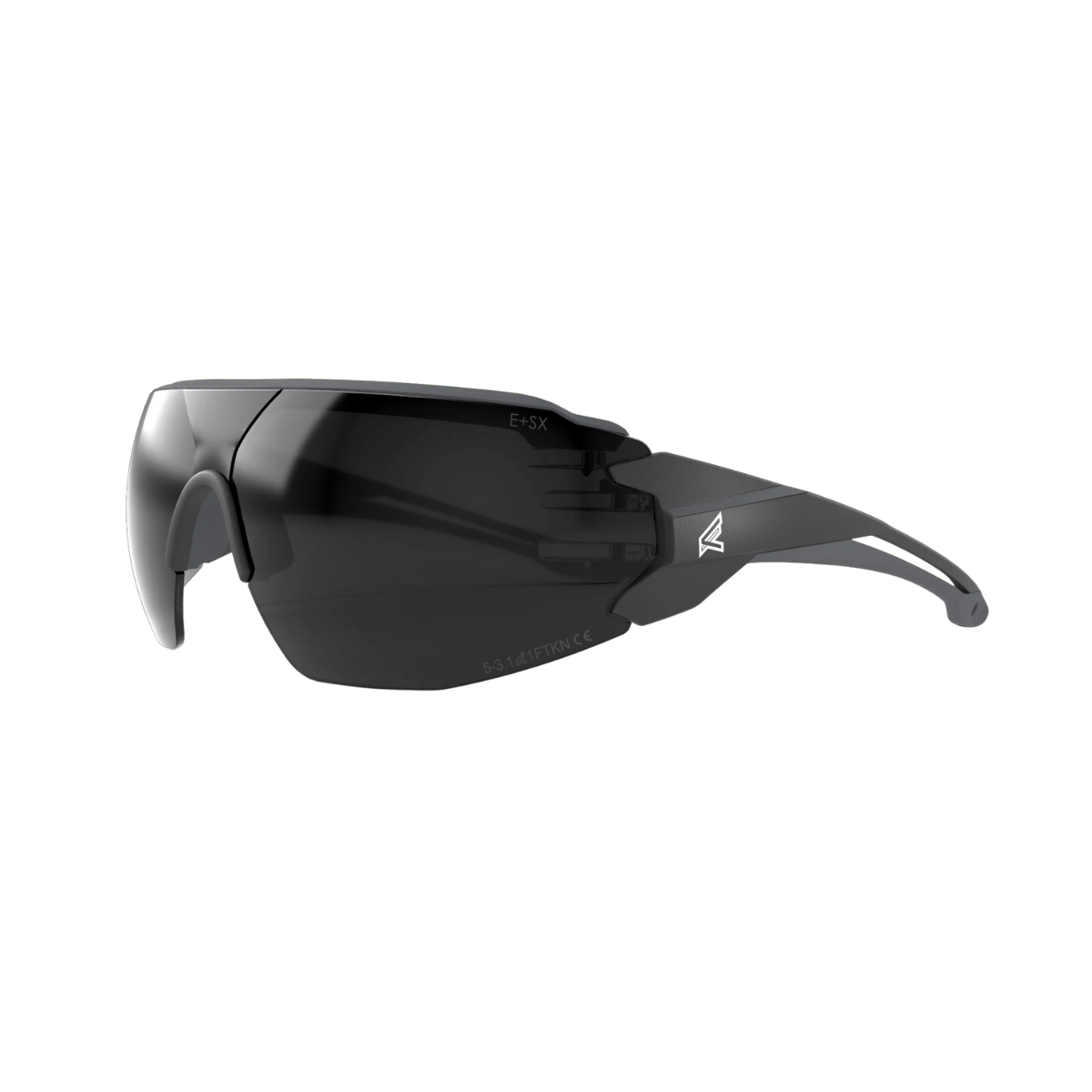 Black safety glasses with a brand logo on a white background