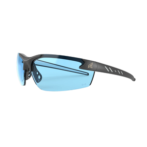 Sunglasses with blue lenses and black frame on a white background
