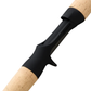 Close-up of a fishing rod handle with black grip and wooden finish on a white background