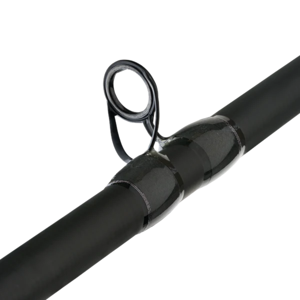 Close-up of a black fishing rod handle with a white background