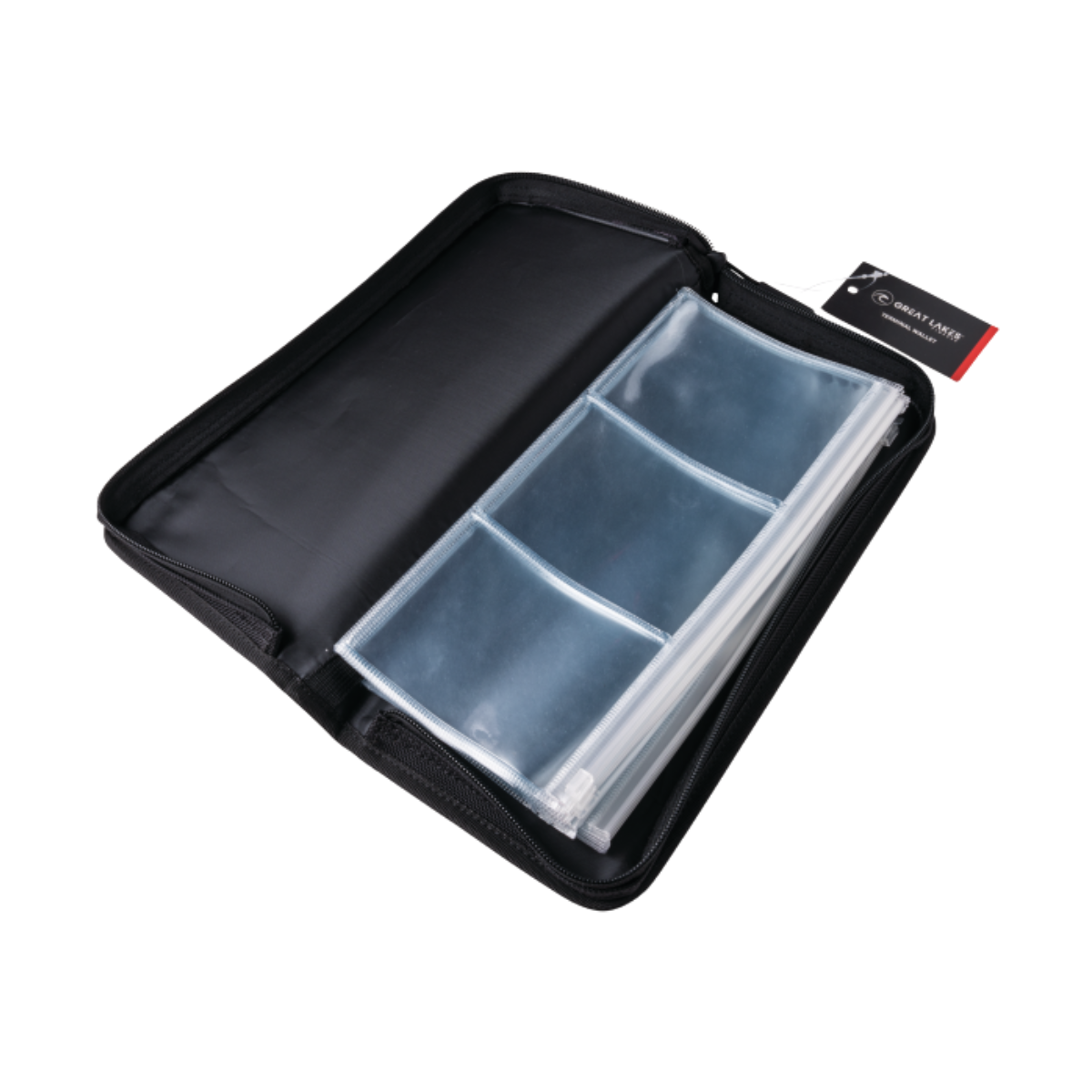 Black case with transparent compartments on a white background