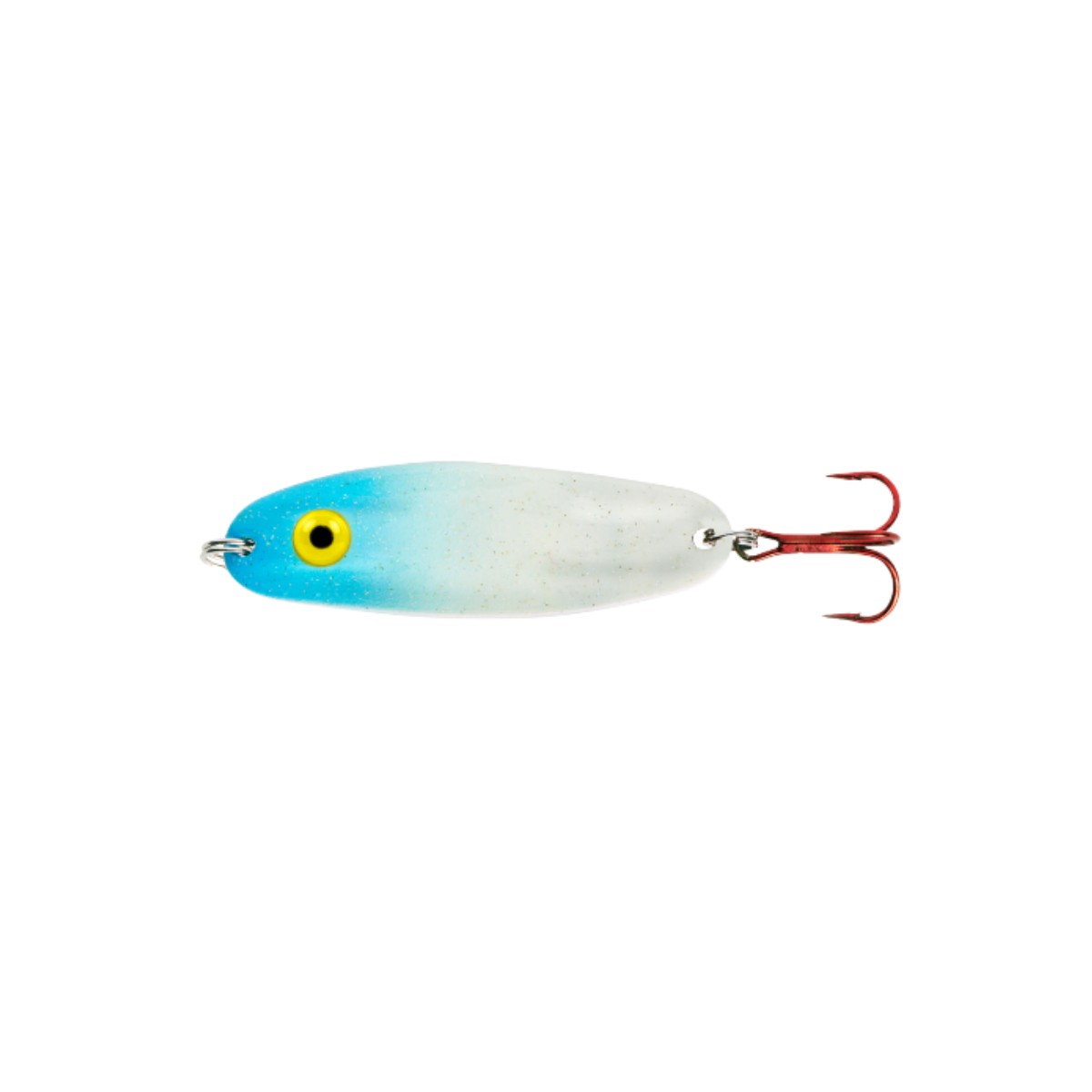 Fishing lure with a blue and white body, red hook, and yellow eye on a white background