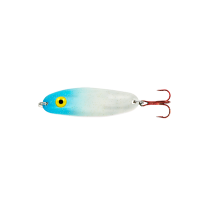 Fishing lure with a blue and white body, red hook, and yellow eye on a white background