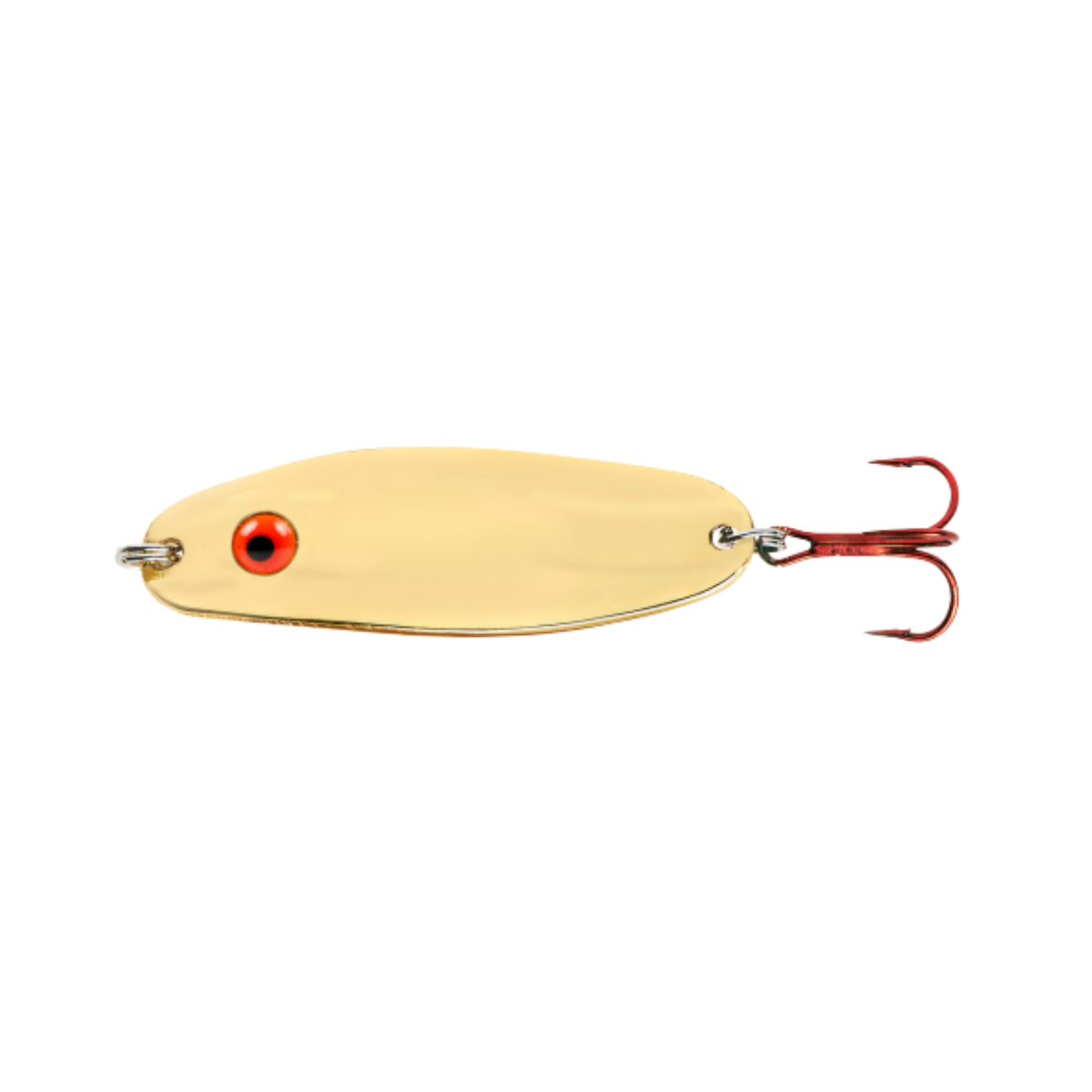 Gold spoon fishing lure with a red eye on a white background