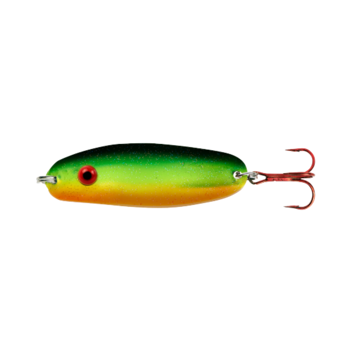 Fishing lure with a green and yellow body and red eye on a white background