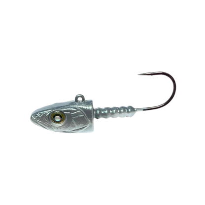 Metallic fishing lure with a hook on a white background
