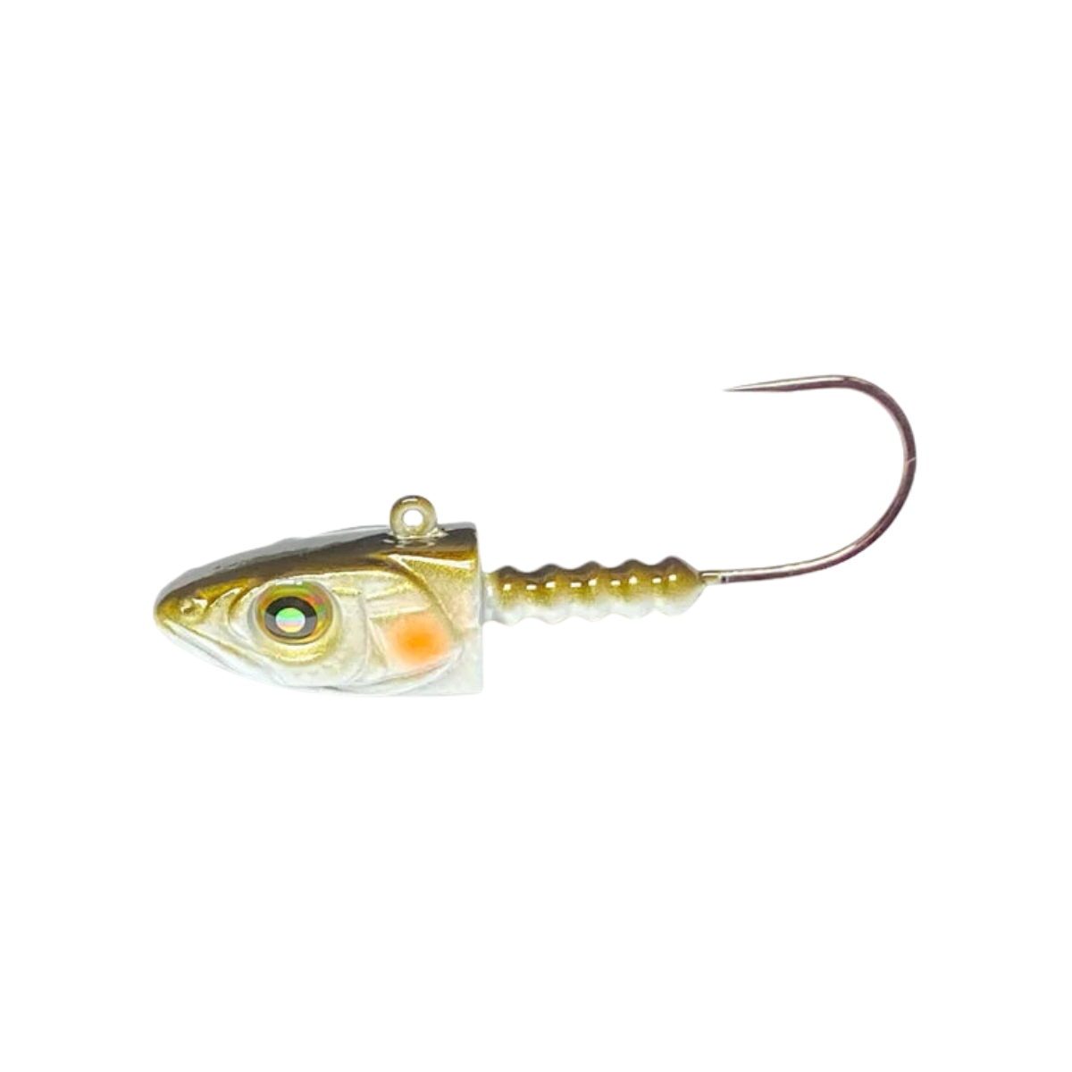Fishing lure with a detailed head and hook on a white background