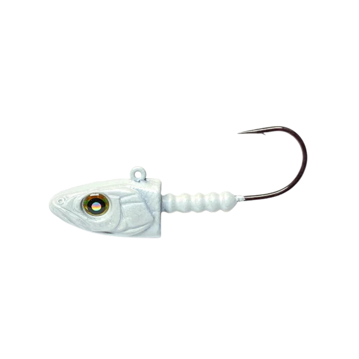 Fishing lure with a white body and brown hook on a white background