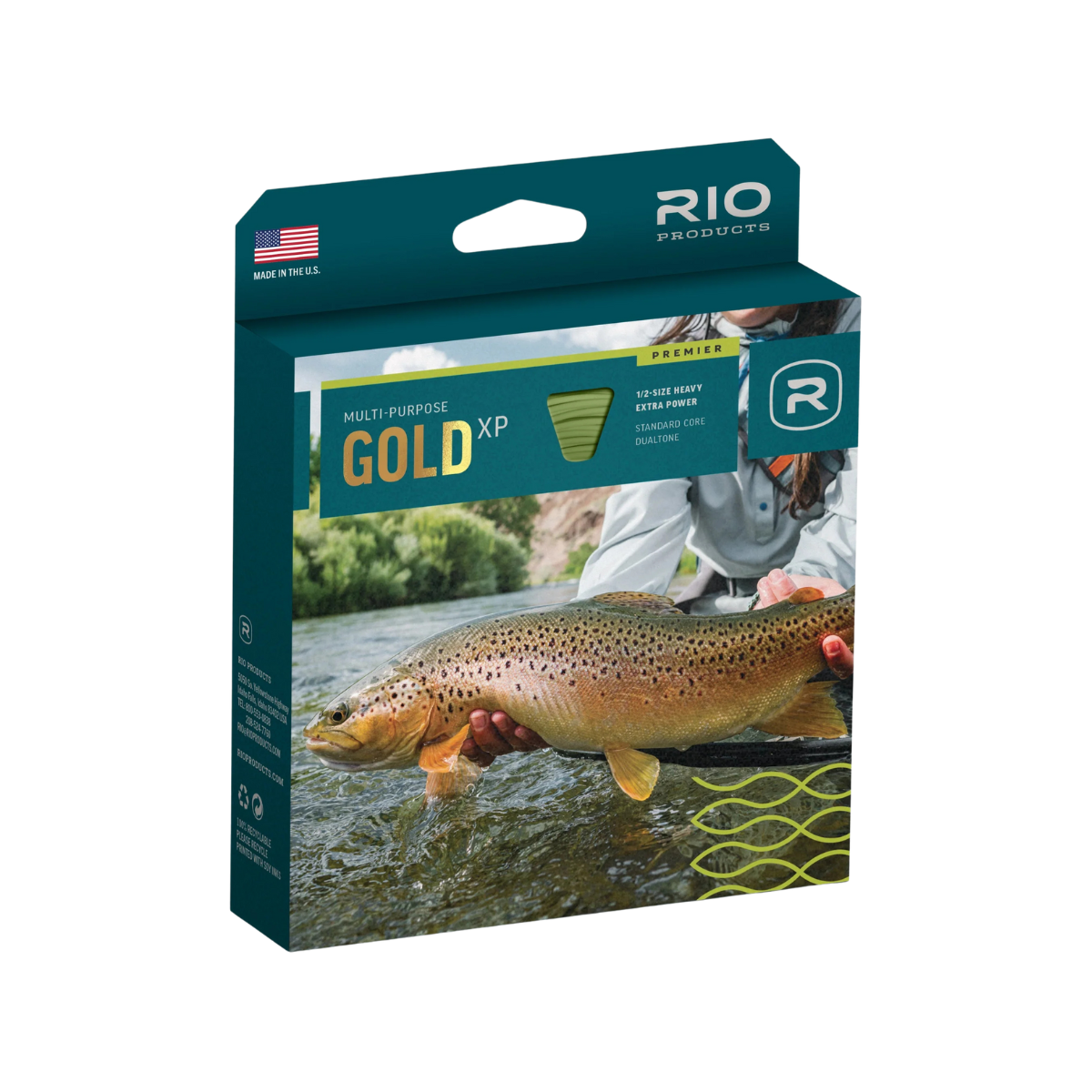 Rio Gold XP fishing line packaging with a fish and angler on a white background