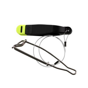 Black metal tool with a green handle on a white background