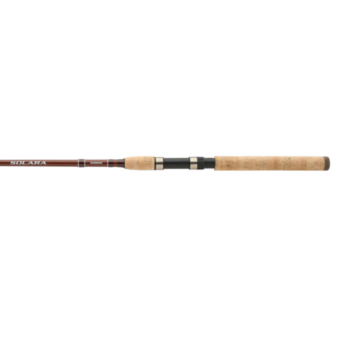 Fishing rod with wooden handle and black grip on a white background