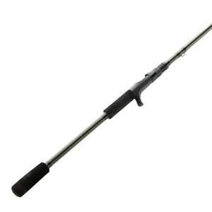 Fishing rod with black handle and guides on a white background