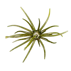 A green glittery artificial seaweed or coral branch decoration with multiple thin radiating strands, isolated on a white background.