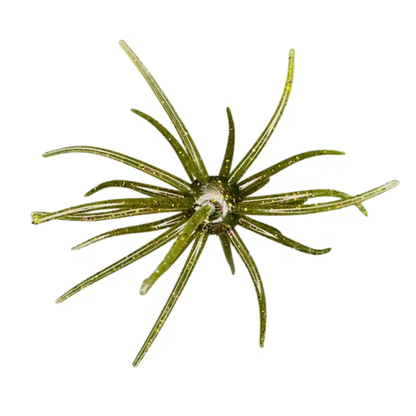 A green glittery artificial seaweed or coral branch decoration with multiple thin radiating strands, isolated on a white background.